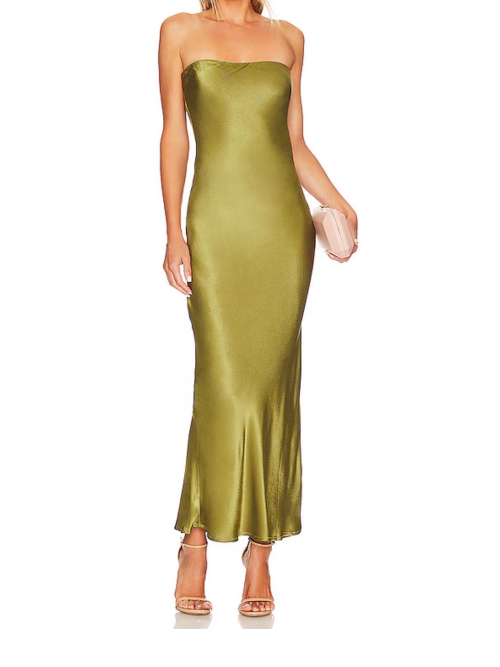 SNDYS Olive Green Strapless Satin Midi Dress